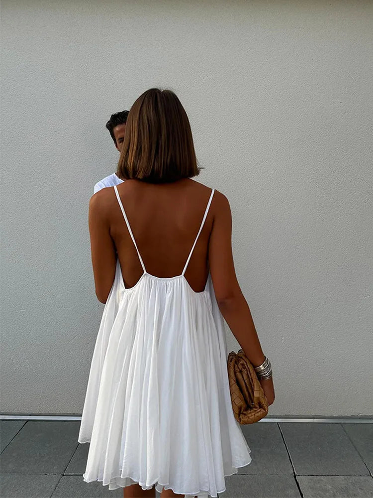 LIZAKOSHT  -  Sexy Backless White Mini Dress For Women Fashion V-neck Sleeveless Backless Sling A-line Dresses 2024 Lady Beach Vacation Robes