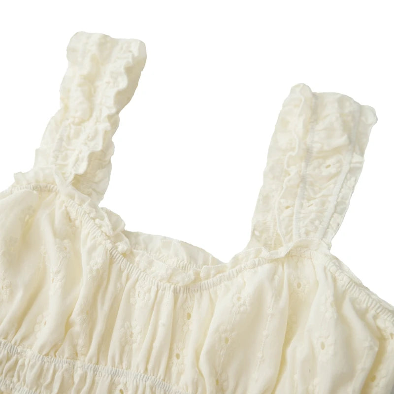 LIZAKOSHT  -  Ruffles Hem Babydoll A-line Dress Vintage Eyelet Mini Dress Women Sleeveless Square Neck Ruched Bust Flowy Dress