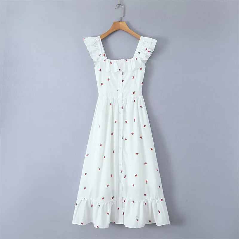 LIZAKOSHT  -  Women French Front Button Strawberry Print White Sexy Elegant Dress Flying Sleeve Square Neck Female Summer  Party Robe