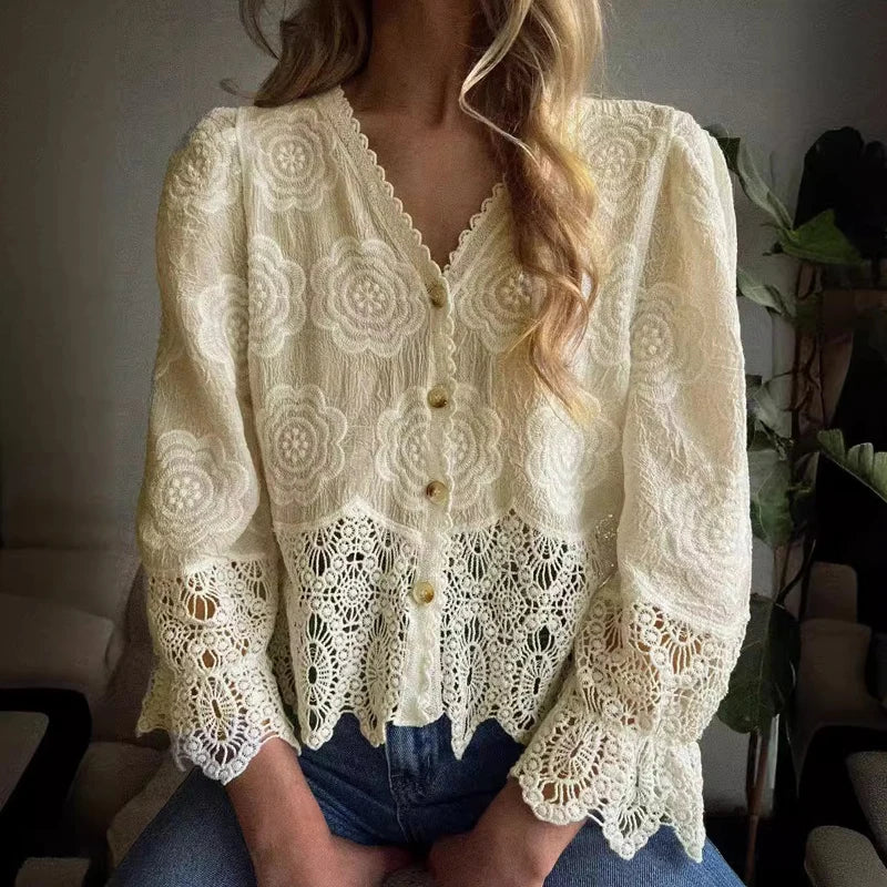 LIZAKOSHT  -  Spring Floral Embroidery Long Sleeve Cardigan Women Causal Lace Stitching Tops Temperament 2024 Chiffon V-neck Blouse Blusa New