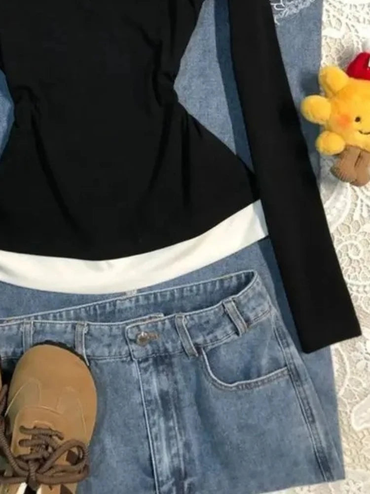 LIZAKOSHT  -  Causal Fake Two Woman Tshirts Ropa Mujer Patchwork Long Sleeve Slim Waist Base Shirt Women Clothing Harajuku Fashion Tops