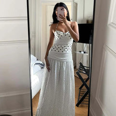LIZAKOSHT  -  Women Polka Dot Halter Neck Maxi Dress Ruched A Line Vintage Elegant Holiday Beach Vacation Dress Spring Summer Outfit