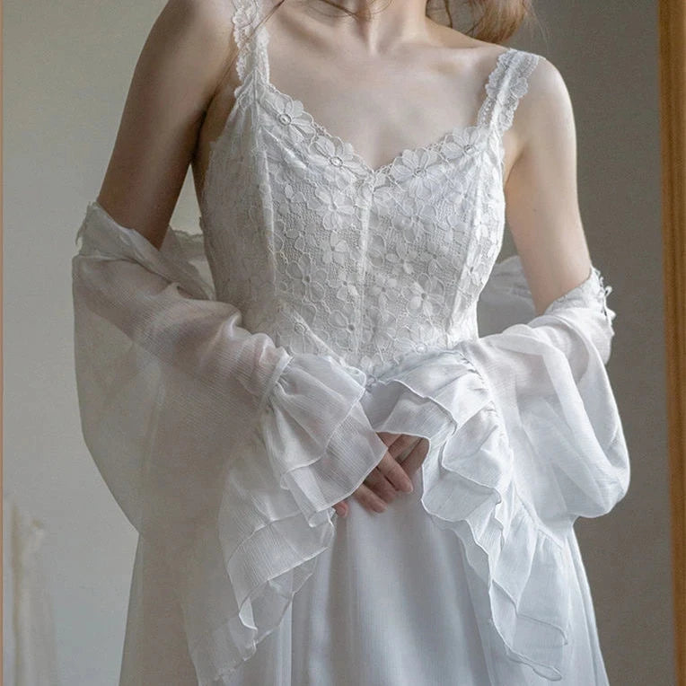LIZAKOSHT  -  Women's Bathrobe Set Sexy Vintage Summer Mesh Fairy Ladies Nightgown Solid Thin Princess Style Night Dress for Female 2024