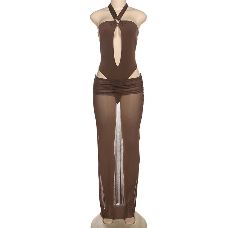 LIZAKOSHT  -  Solid Color Hanging Neck Lace Up Backless Hollow Slim Bodysuit+Mesh Ruched Long Skirts Beach Nightclub 2-Piece Matching Set
