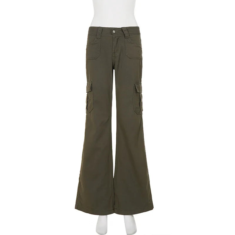 LIZAKOSHT  -  Vintage Low Rise Cargo Flare Pants Multi Pocket Streetwear Trousers
