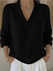 LIZAKOSHT  -  Deep V Neck Knit Sweater Women Long Sleeve Cuff Hem Ribbed Fuzzy Solid Casual Pullover Jumper Autumn Fashion Casual Tops