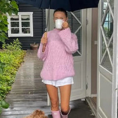 LIZAKOSHT  -  Women's Sweater Pink Sweet Pullover Round Neck Knit Tops Ladies Winter Sweaters Y2K Vintage Christmas Crochet Clothes