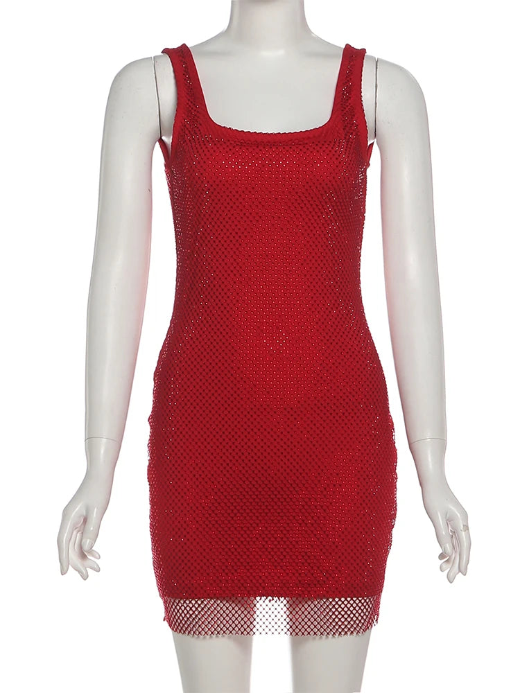 LIZAKOSHT  -  Square Collar Dress Women Sexy Sleeveless Christmas Shiny Thread Patchwork Wild Hottie Party Club Peach Hip Mini Bodycon