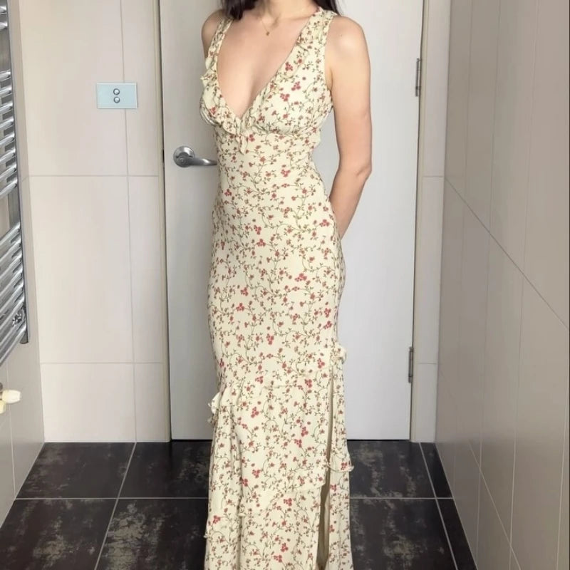 LIZAKOSHT  -  Floral Print Sexy V Neck Ruffles Elegant Bodycon Maxi Dresses Spring Fashion Holiday Streetwear Party Women Vestidos