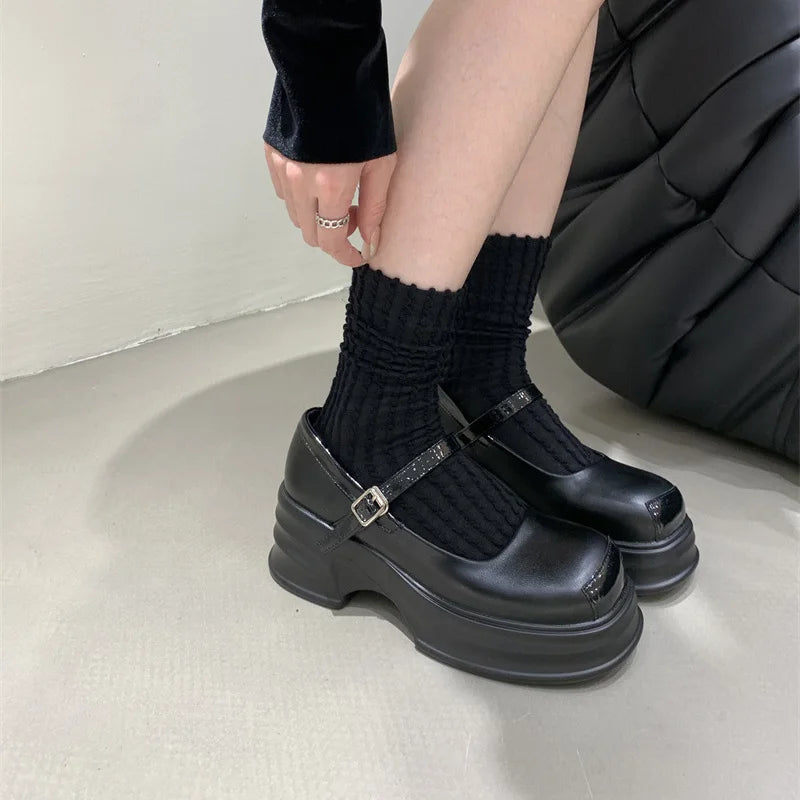 LIZAKOSHT Metal Buckle Mary Jane Shoes for Women Autumn 2023 New Thick Sole Round Toe Shallow Shoes Mid Heel Pumps for Woman