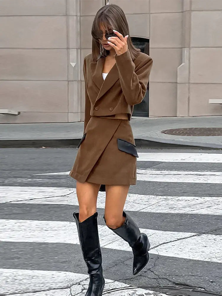 LIZAKOSHT  -  Irregular Mini Skirts Short Coats 2 Piece Set Woman Wrap Buttock Long Sleeve Turn-Down Collar Tops Slim Sexy Fashion Out Suits