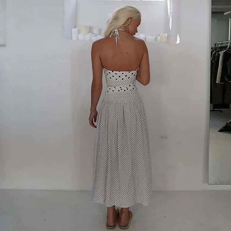 LIZAKOSHT  -  Women Polka Dot Halter Neck Maxi Dress Ruched A Line Vintage Elegant Holiday Beach Vacation Dress Spring Summer Outfit