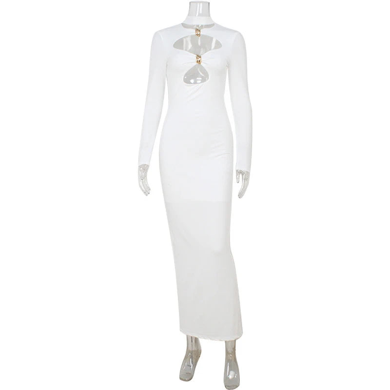 LIZAKOSHT  -  Women's Clothing With Hollow Out Long Sleeve Half High Collar Temperament Skinny White Party Long Dresses Evening Robes