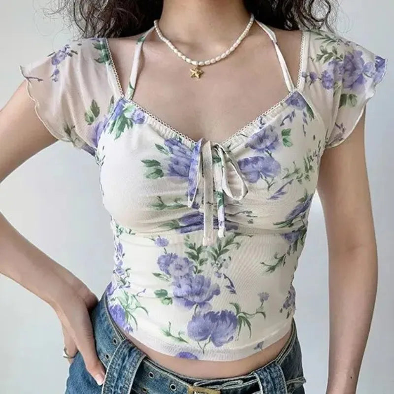 LIZAKOSHT  -  European and American Style Printed Mesh V-neck Short Sleeved T-shirt, Summer Slim Fit, Waistband, Hanging Neck Short Top