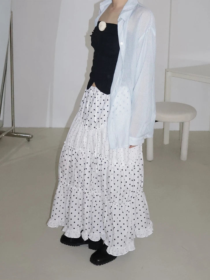 LIZAKOSHT  -  Mint Green Polka Dot Half Skirt with Lace Splicing Retro  Style Korean Waist Design Polyester Fabric H-Shape Long Skirt