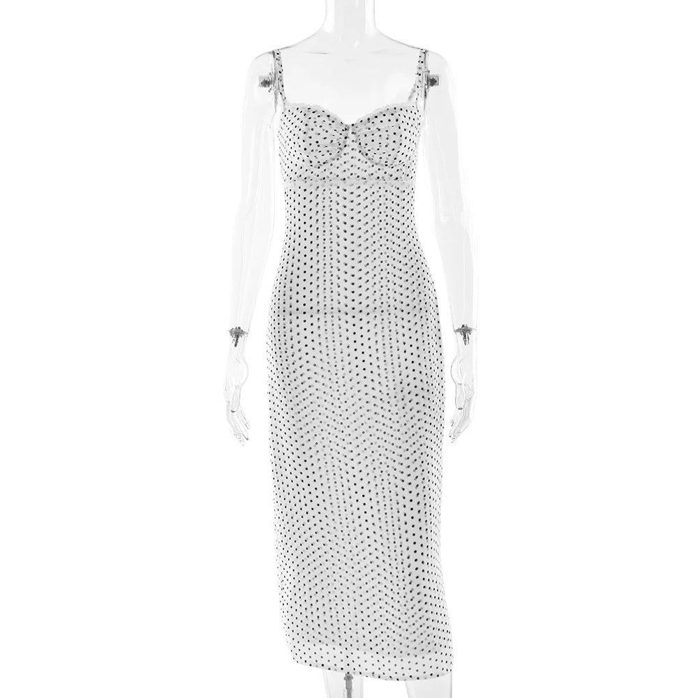 LIZAKOSHT  -  Elegant Lace Patchwork Chiffon Polka Dot Dress White Black Summer Women Spaghetti Strap Zipper Evening Party Dresses
