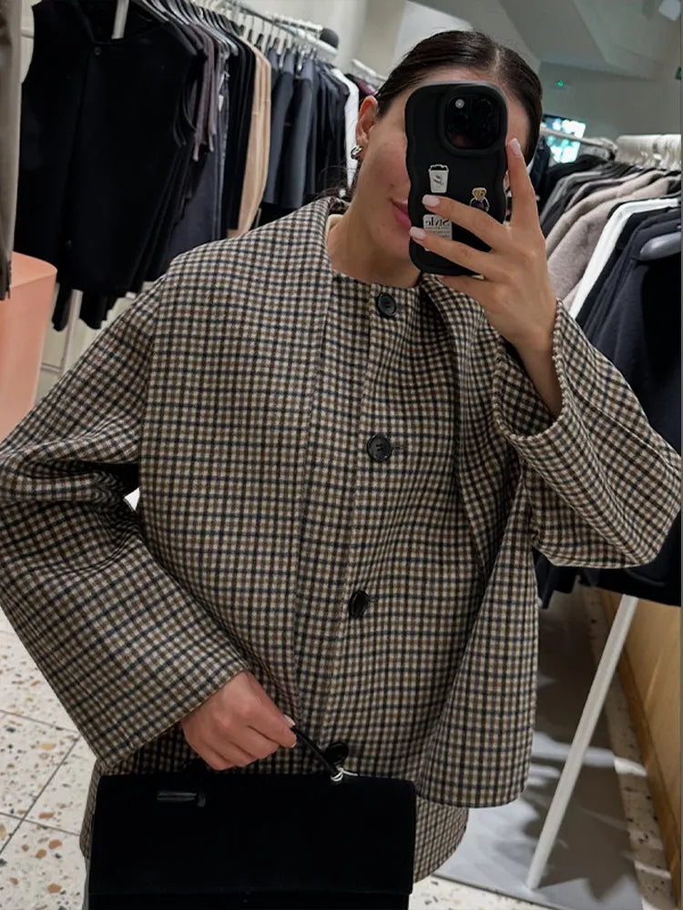 LIZAKOSHT  -  Solid Wool Cape Style Coat Women Scarf Detail Button Front Full Sleeve Loose Jacket 2025 Autumn Elegant Female Casual Outerwear