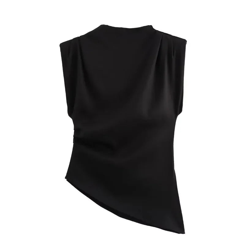 LIZAKOSHT  -  Fashion Sleeveless T-Shirt Women's Sexy Irregular Pleated Cropped Top 2025 Summer Woman Pullover Round Neck Vest T-Shirt