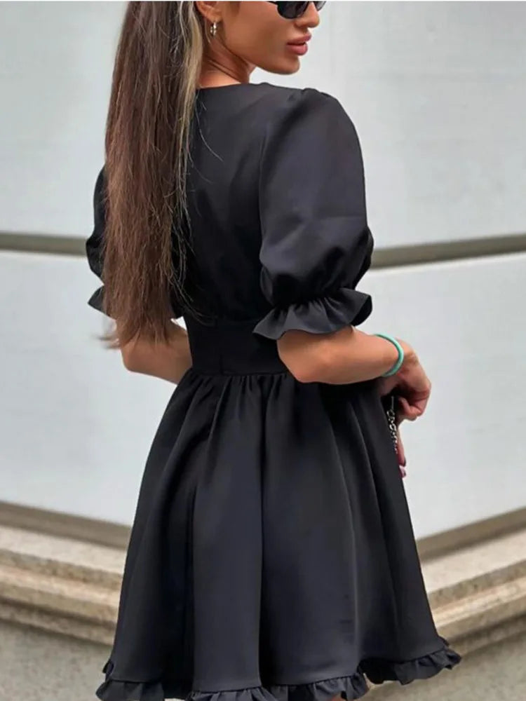 LIZAKOSHT  -  Deep V-neck Puff Sleeve Mini Dress Women Sexy High Waist Patchwork Button Fashion Slim Black A-line Club Party Dress