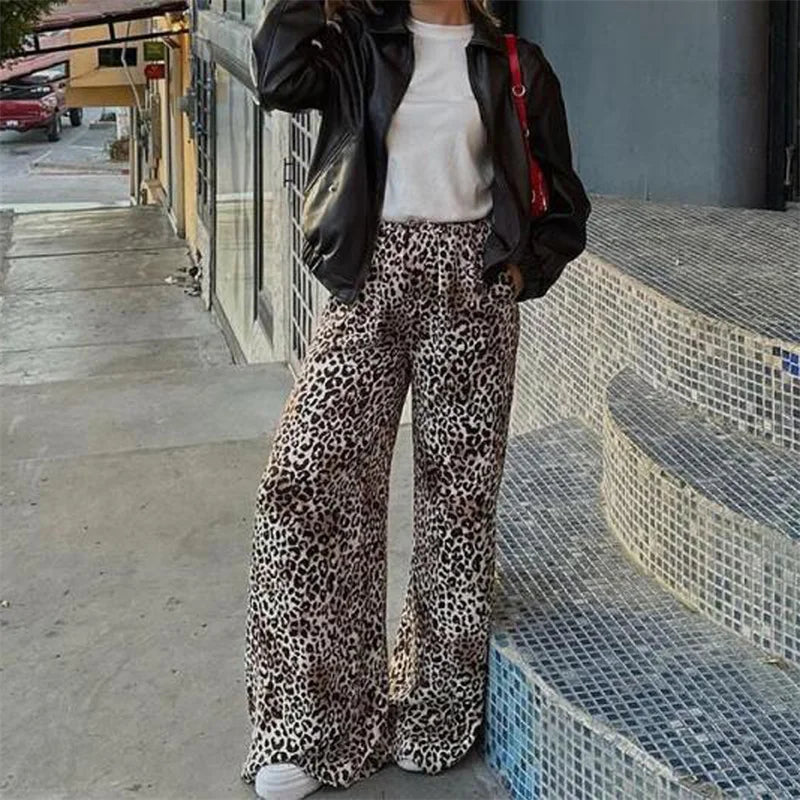 LIZAKOSHT  -  Leopard Pants y2k Clothes Women Sexy Drawstring Elastic Waist Wide Leg Loose Trousers Chic Fashion Clothes Streetwear