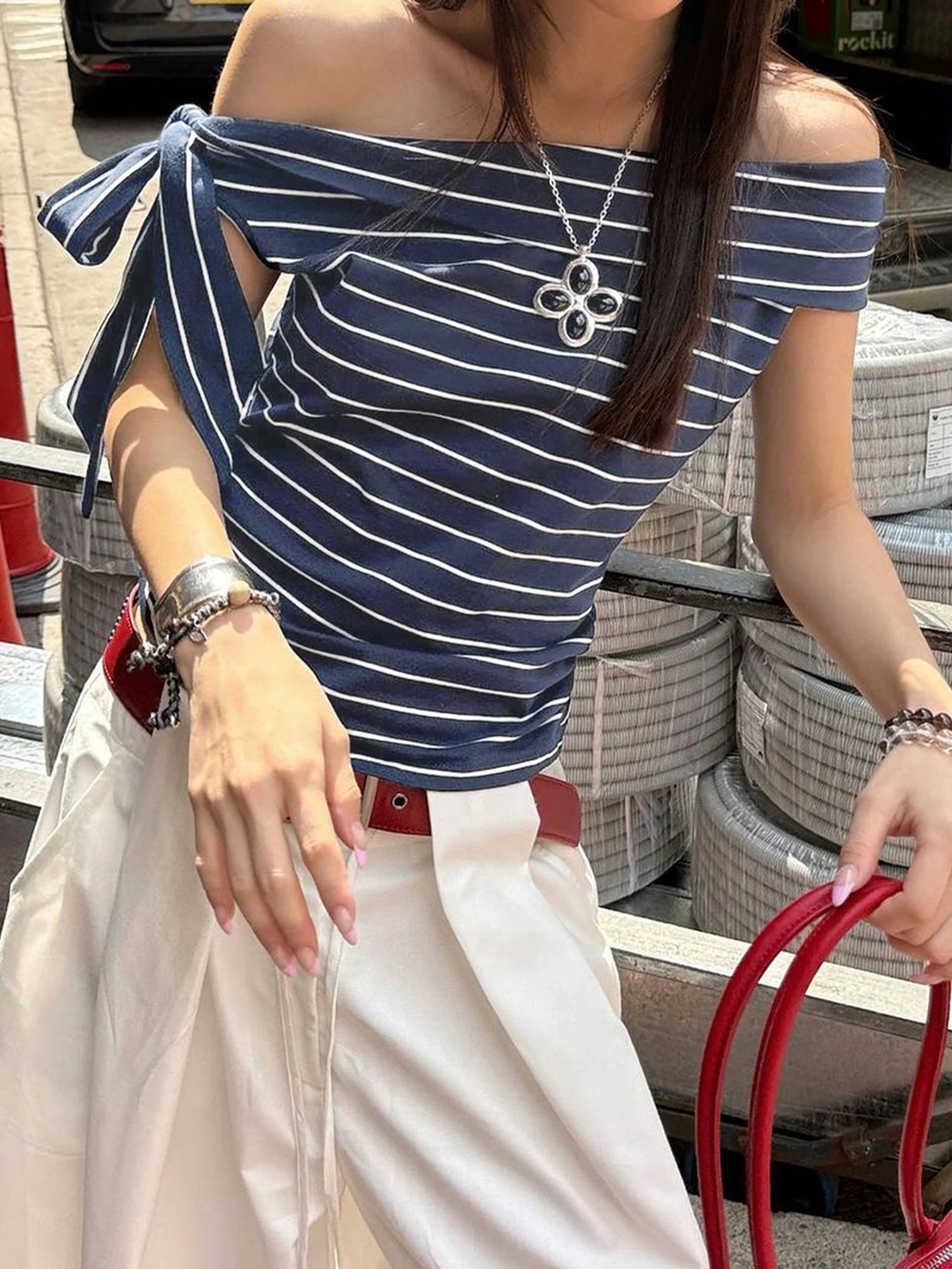 LIZAKOSHT  -  Women s Striped Off Shoulder Crop Top with Side Tie-up and Backless Design - Short Sleeve Fitted T-Shirt for a Stylish Look