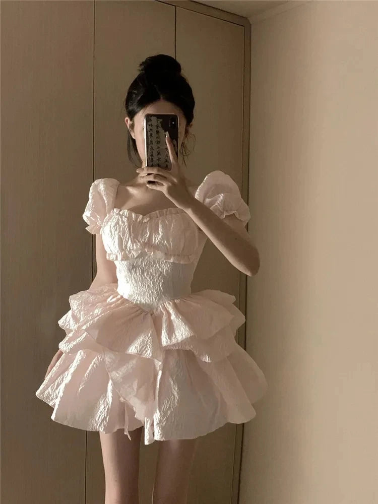 LIZAKOSHT  -  Women Pink Sweet Princess Dress Korean Cute Puff Sleeve Square Collar Cake Mini Dress Lady High Waist Party Dress