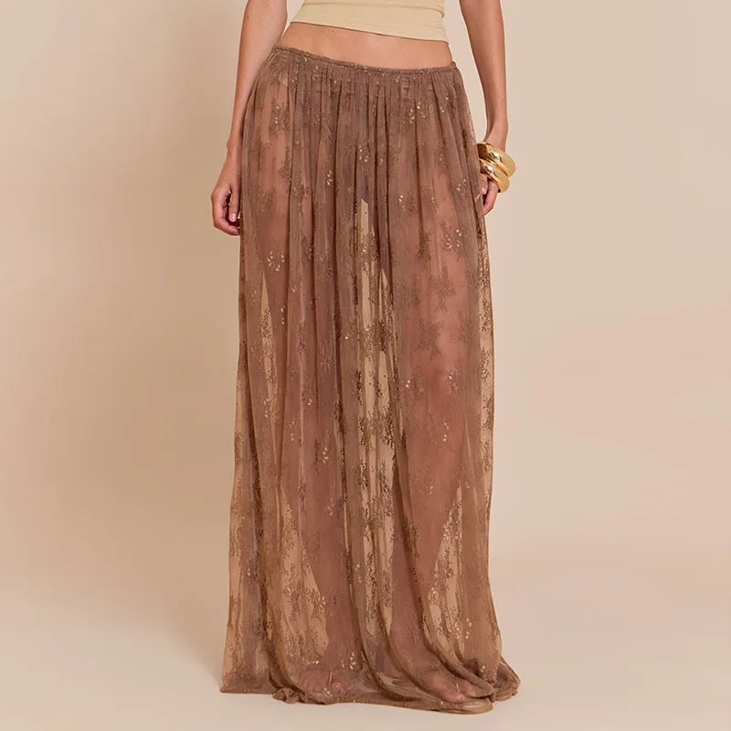 LIZAKOSHT  -  Coquette Grunge Sheer Lace Maxi Skirt Built-in Thongs Design Low Elastic Waist Flowy Skirt Elegant Lady Grunge See-Through Skirt