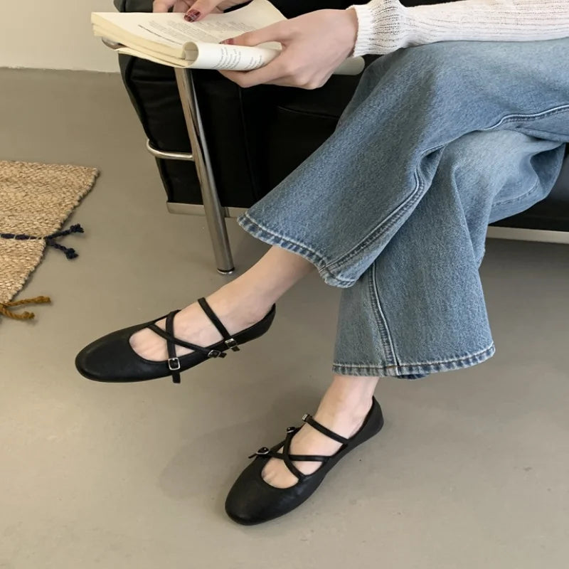 LIZAKOSHT  -  Spring New Women Mary Jane Flat Shoes Fashion Round Toe Slip On Footwear Ladies Elegant Cross Belt Ballet Shoes