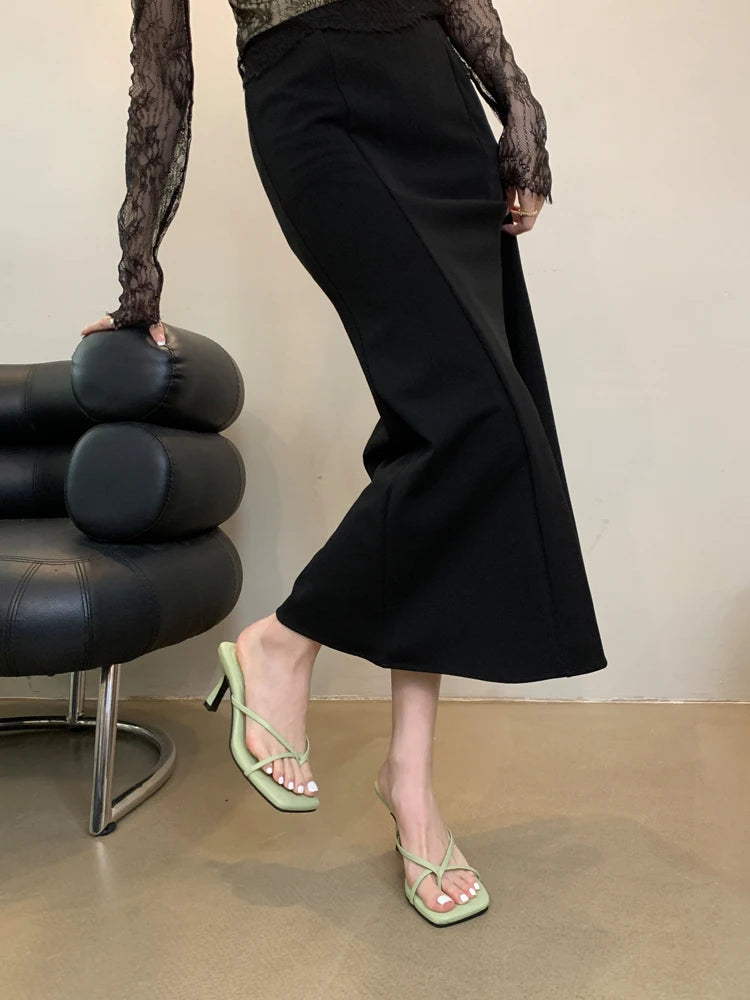 LIZAKOSHT  -  Summer High Heels Slipper Women Sandals French Style Lazy Style Narrow Band Slipper Design Slides Vacation Flip Flops Mujer