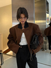 LIZAKOSHT  -  Women Vintage Lapel Neck Jackets Temperament Full Sleeve Pockets Short Jacket 2025 Autumn Lady Chic Daily Commute Outerwear