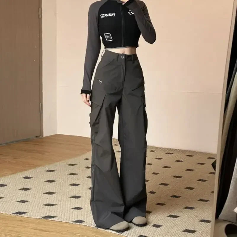 LIZAKOSHT  -  Korean Cargo Pants For Women High Waist Pockets Casual Fashion Trousers New Bottoms High Waist Black Vintage Pantalon Femme