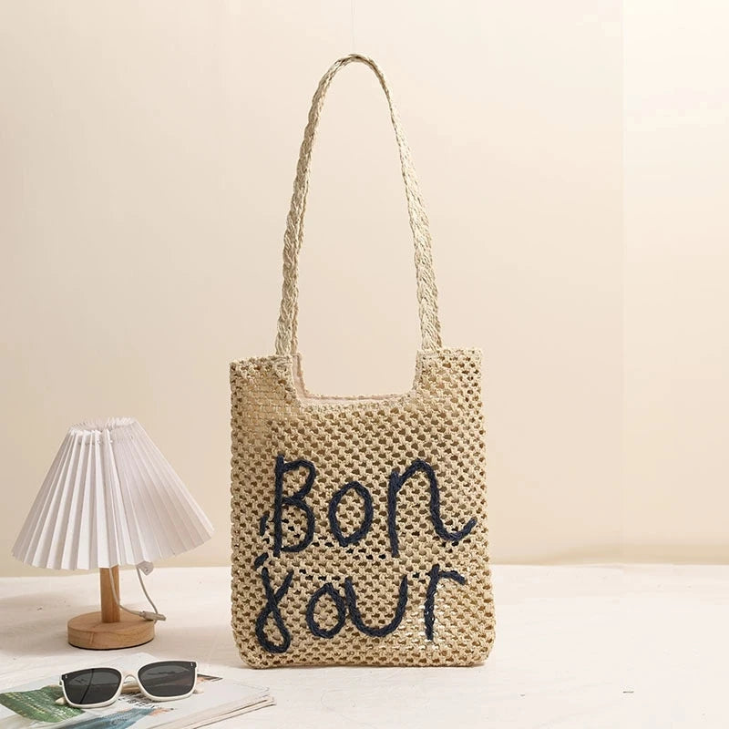 LIZAKOSHT  -  Women Fashion Letter Embroidered Shoulder Bag Hollow Grass Woven Beach Bags Vacation Handbag