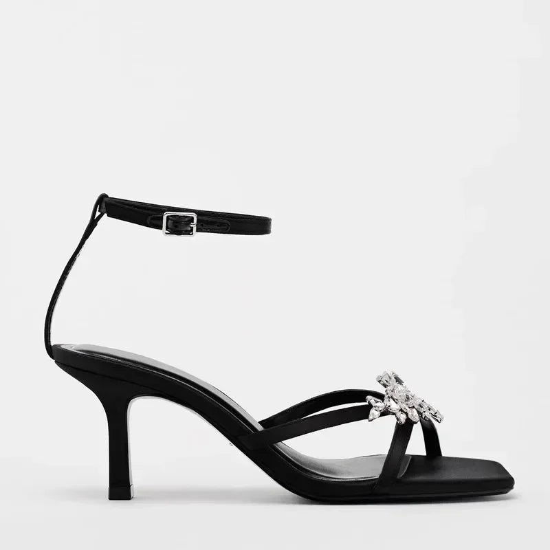 LIZAKOSHT  -  Shiny Rhinestone High Heels Women Summer New Open Toe Ankle Strap Thin Heels Dress Shoe Brand Design Rhinestone Sandals Femme