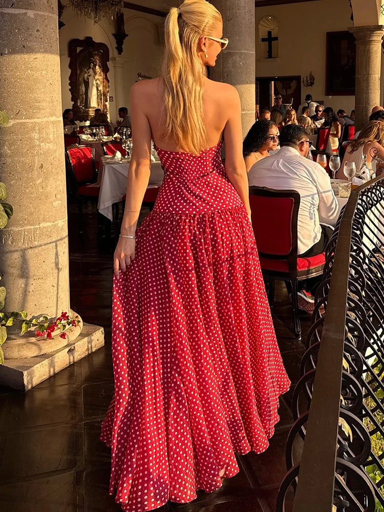 LIZAKOSHT  -  Modern Hipster Women Maxi Dress Elegant Point Print Halter V-neck Backless Bodycon Female High Street Festival Vestidos