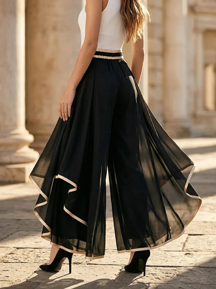 LIZAKOSHT  -  Summer Women Elegant High Waist Pants Fashion Gold Trim Flowy Spliced Layered Hem Casual Wide Leg Pants Lady Loose Pants