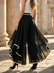 LIZAKOSHT  -  Summer Women Elegant High Waist Pants Fashion Gold Trim Flowy Spliced Layered Hem Casual Wide Leg Pants Lady Loose Pants