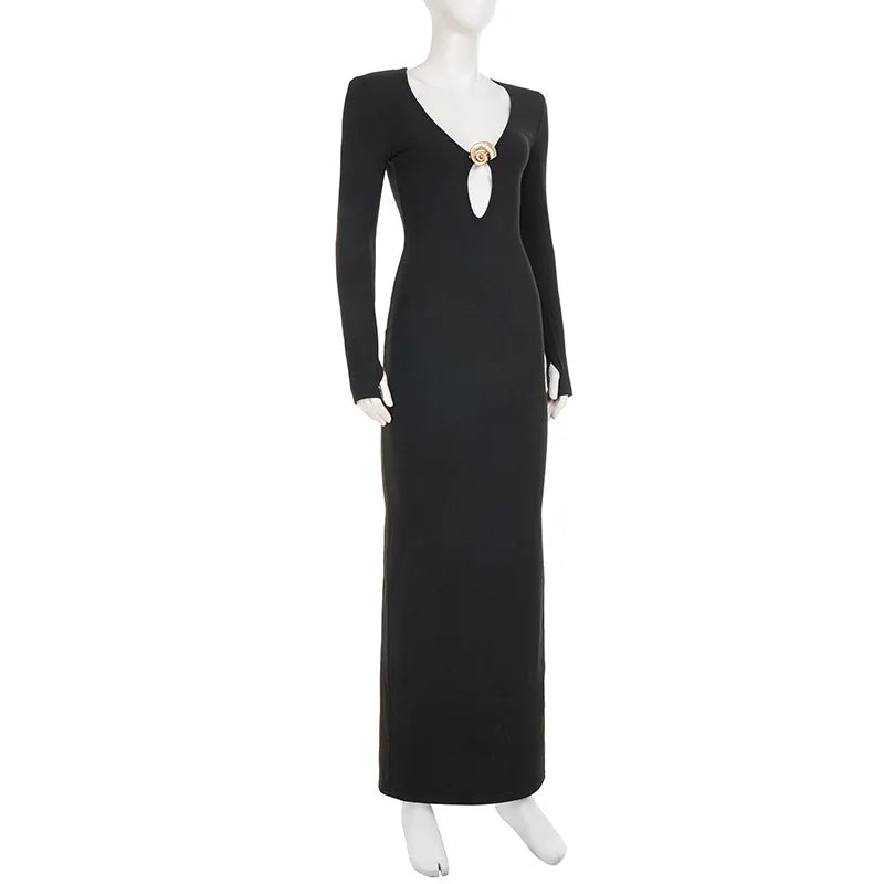 LIZAKOSHT  -  Women Sexy Metal Buckle Hollow Out Boydcon Maxi Dress Deep V Neck Full Sleeve Wrap Hips Split Party Long Robe Birthday Outfits