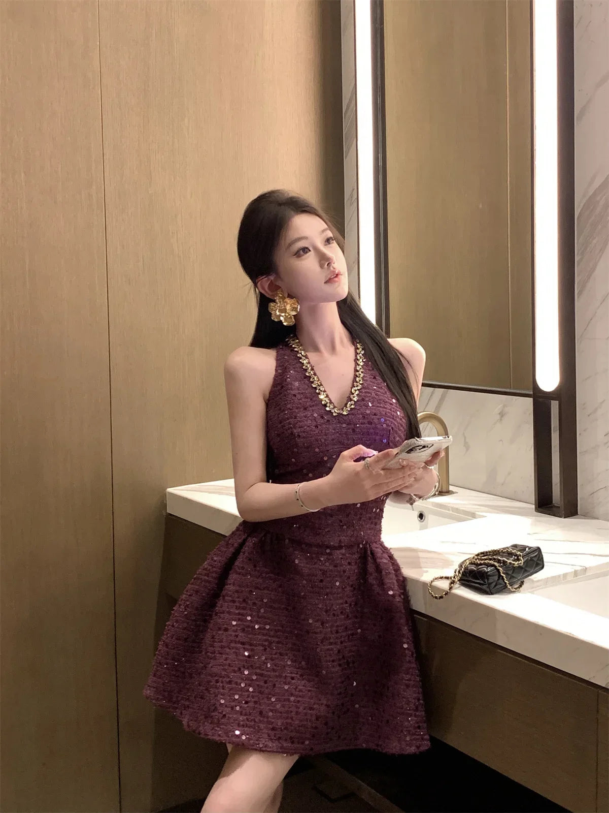 LIZAKOSHT  -  Korean Sweet Tweed Short Dresses For Women 2025 Spring Fashion Luxury Sequins Hotsweet Backless Sexy Party Dress Vestidos Cortos