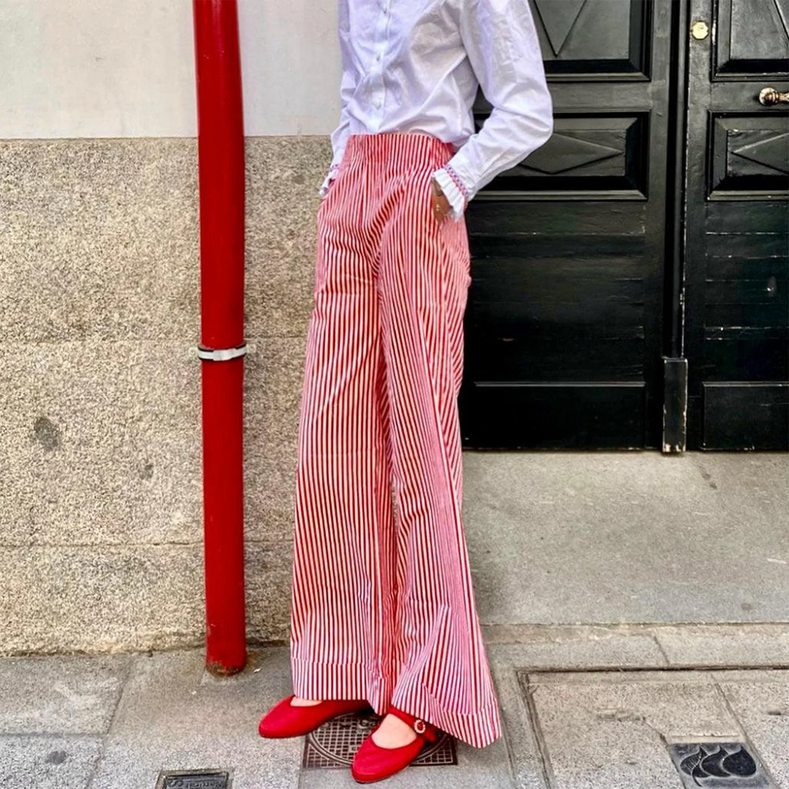 LIZAKOSHT  -  Women's Striped Print Loose Wide Leg Trousers Summer Fall Casual High Waist Loose Fit Long Pants with Pockets