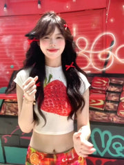 LIZAKOSHT  -  Sweet Summer All Match Commuter O Neck Short Sleeve Shirts Cute Fruit Print Harajuku Streetwear Girl Clothing Y2k Aesthetic Tops