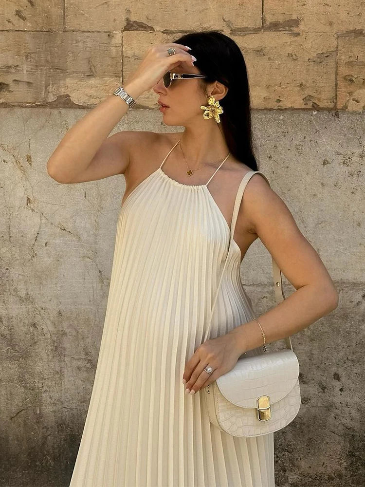 LIZAKOSHT  -  Sexy Backless Women Pleated Halter Maxi Dress Fashion Loose Sleeveless Solid Dresses 2024 Summer Female Chic Vacation Robes