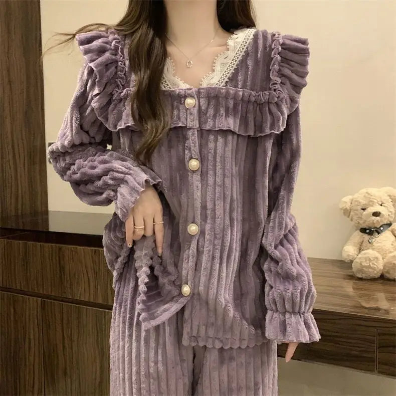 LIZAKOSHT  -  Coral Fleece Pajamas Sets for Women Plush Soft Warm Square Collar Lace Sweet  2 Piece Bow Tie Elegance Thickened Warm Homewear