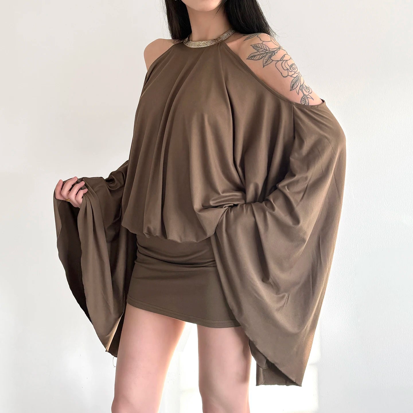 LIZAKOSHT  -  New European and American Hot Girl Style Strapless Backpack Hip Sexy Loose Bat Sleeve Dress Design Halter Neck Skirt