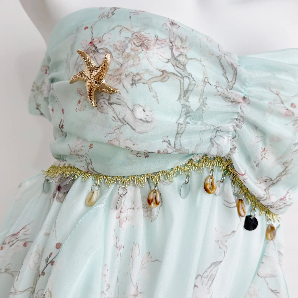 LIZAKOSHT  -  Sweet Lolita Chiffon Midi Dress Women Floral Print Ruffle Layered Halter Strapless Beach Vacation Japanese Fashion Casual Outfit