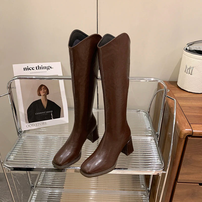 LIZAKOSHT  -  Autumn Winter Thick High Heels Women Knee High Boots Fashion Stretch Slim Modern Long Botas Para Mujer