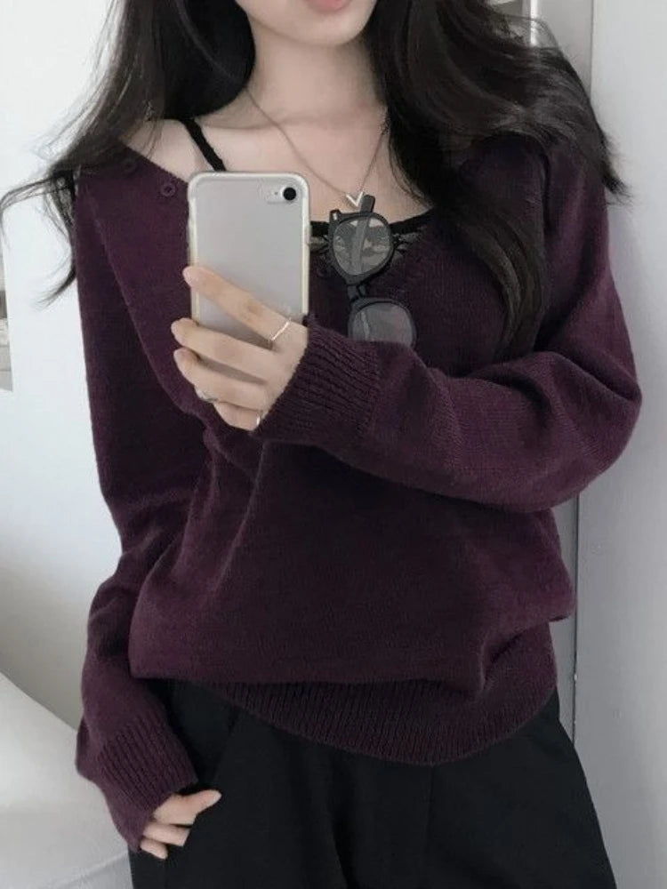 LIZAKOSHT  -  Streetwear Vintage Solid Knitted Grunge Sweaters Y2k Aesthetic Loose Casual Pullovers Women Harajuku Autumn Button Jumpers