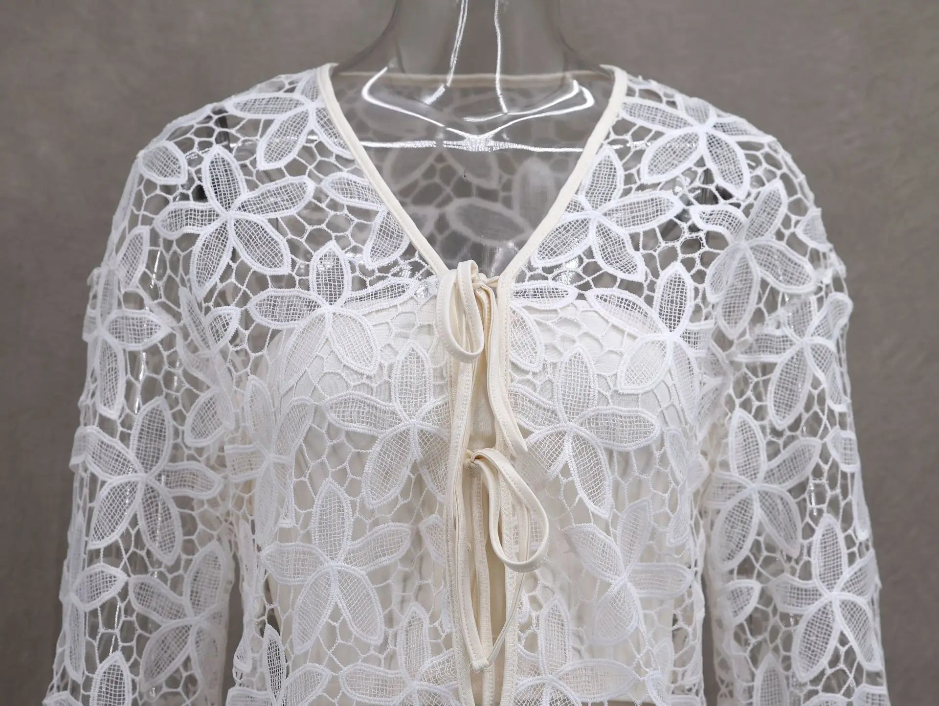 LIZAKOSHT  -  Cute Women's V-Neck Long Sleeve Cardigan Summer Sunscreen Casual White Color Versatile Hollow Lace-Up Design