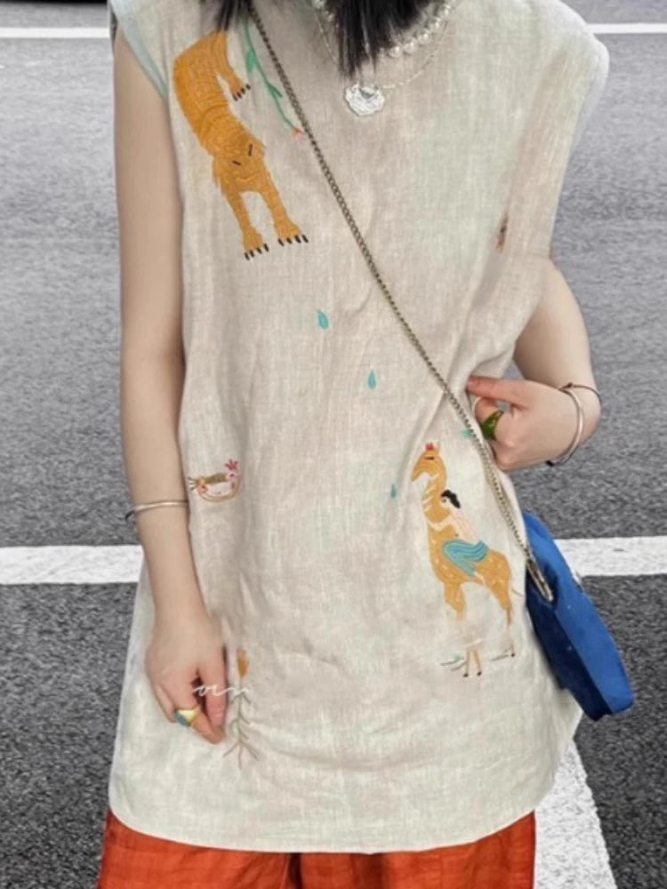 LIZAKOSHT  -  A Two-piece Set Casual Sleeveless Embroidered Top and High-waisted Wide-leg Pants Japanese Style Lazy Tanks Women's Clothing