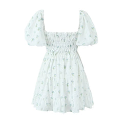 LIZAKOSHT  -  Elegant Women Puff Sleeve Elastic Waist Floral Print Dress Short Summer Robe
