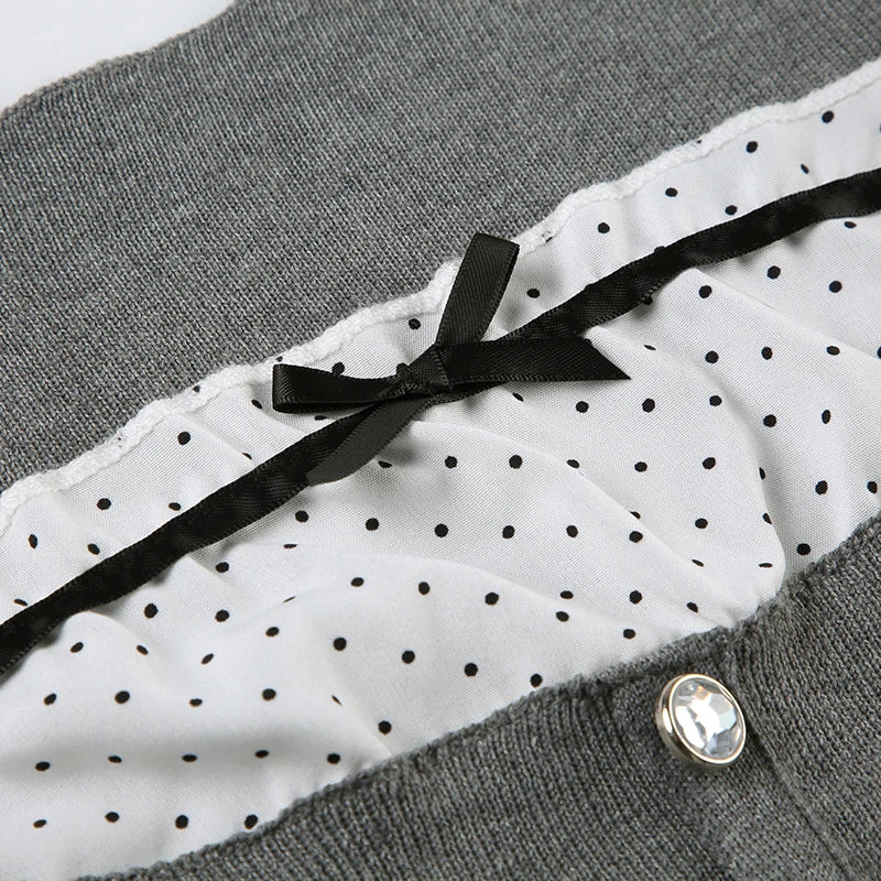 LIZAKOSHT  -  Casual Sweet Patchwork Dot Bow T Shirt Slim Square Collar Long Sleeve Tees Women Autumn Spring Fashion Streetwear